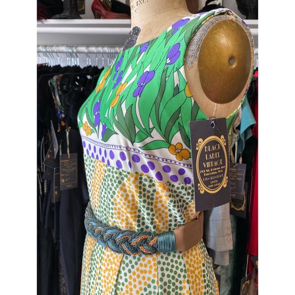 vintage 1970s maxi dress green and yellow mod floral border print polka dot - Picture 6 of 10